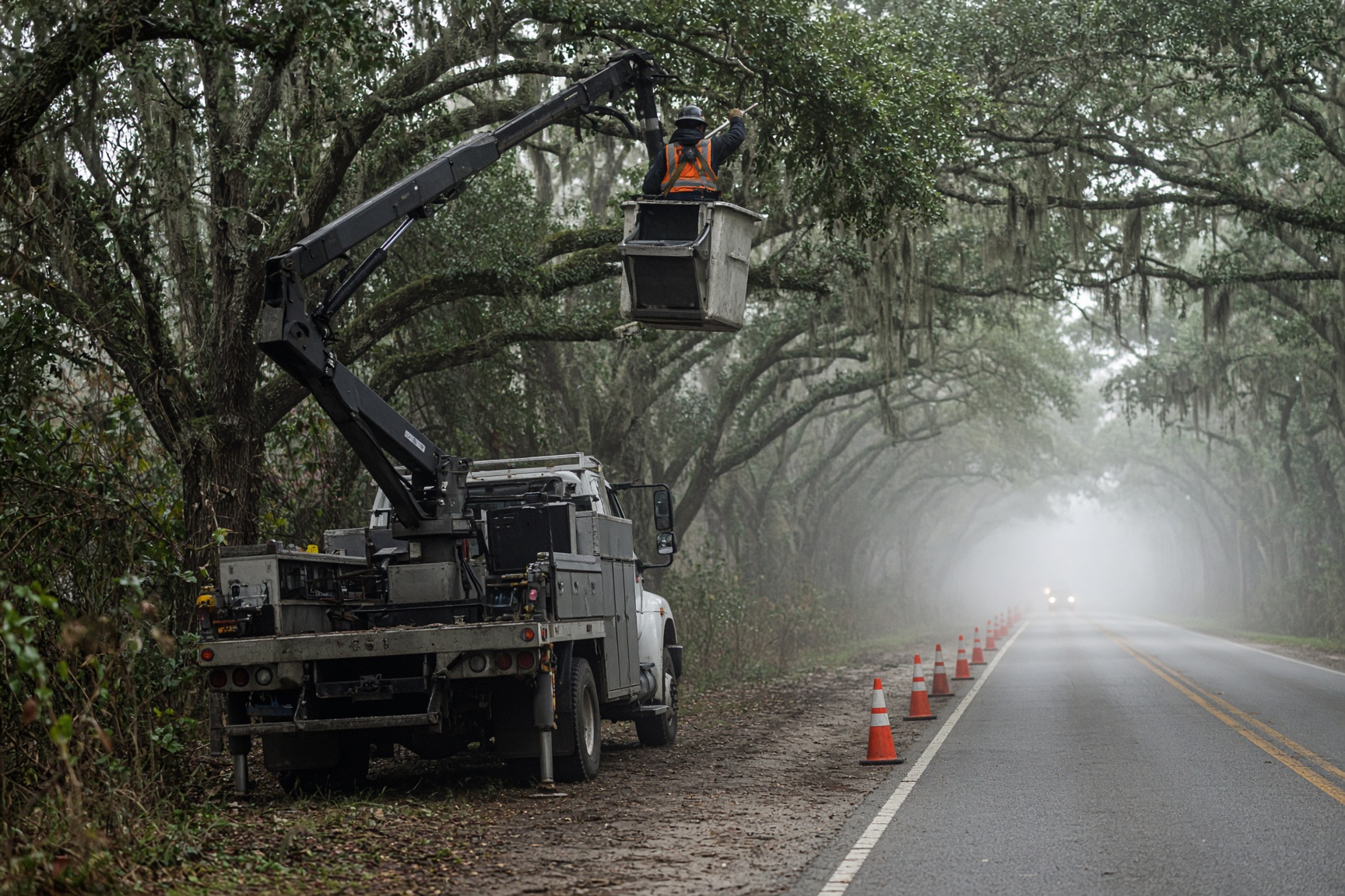 Bucket truck trimming tree canopy along a Florida state road