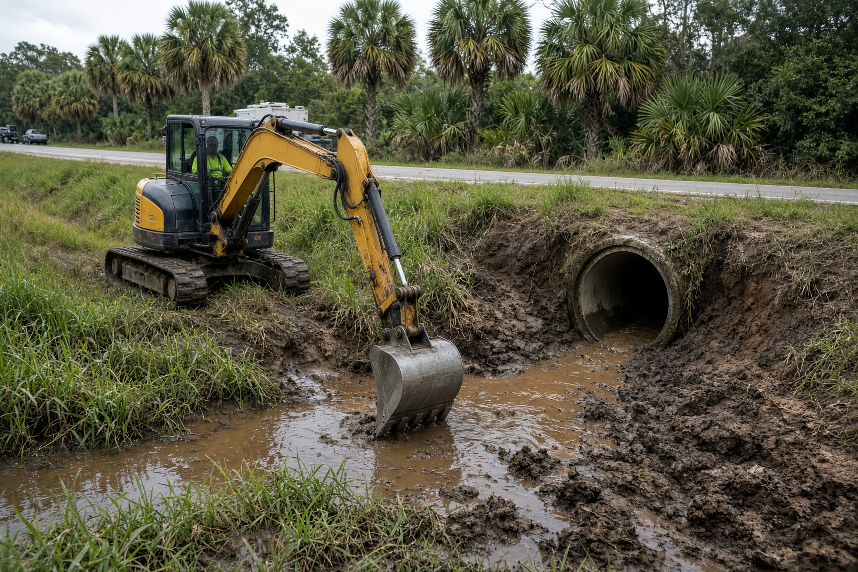 Excavator cleaning a roadside drainage swale in Florida