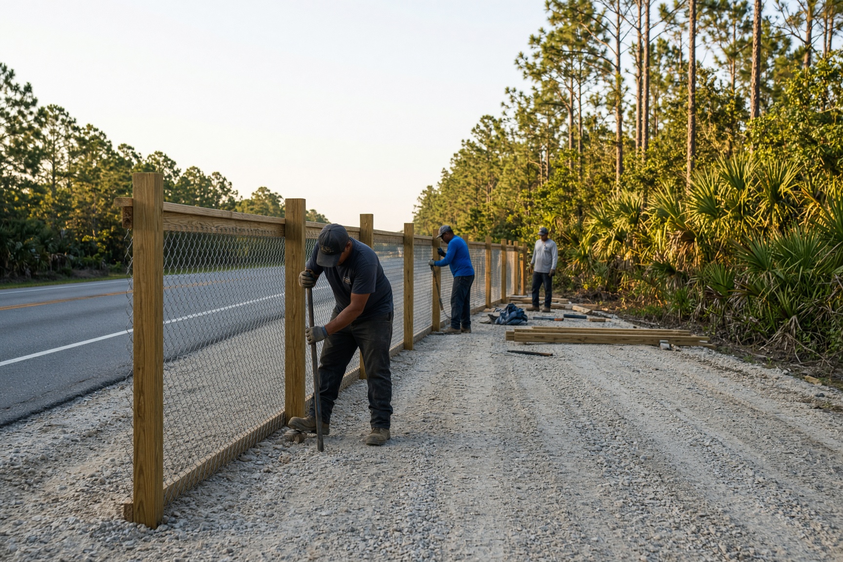 ROW fence set in compacted limestone.