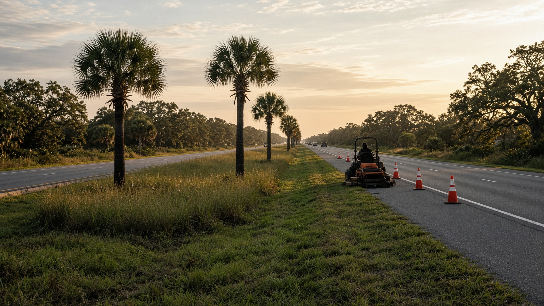 Florida highway median with palmettos and maintained Bahia grass