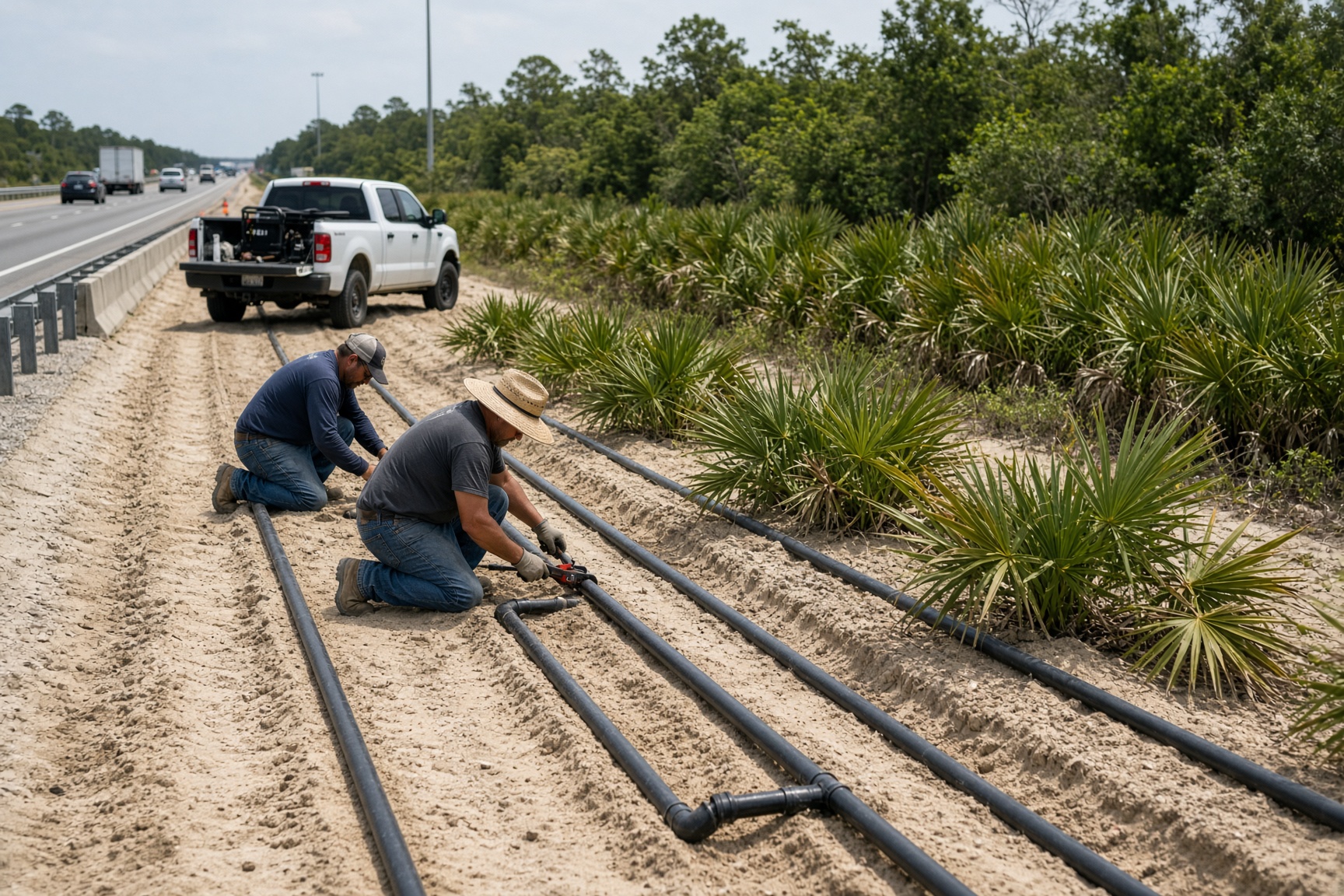 Irrigation laterals being installed in a highway median