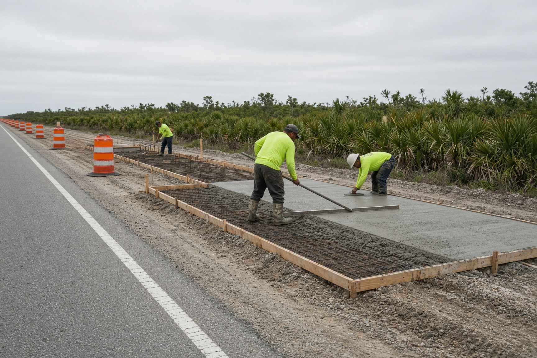 Concrete sidewalk being formed along a Florida highway shoulder