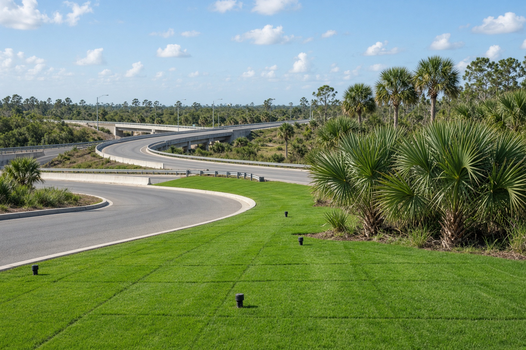 Fresh sod installed along a Florida highway interchange ramp